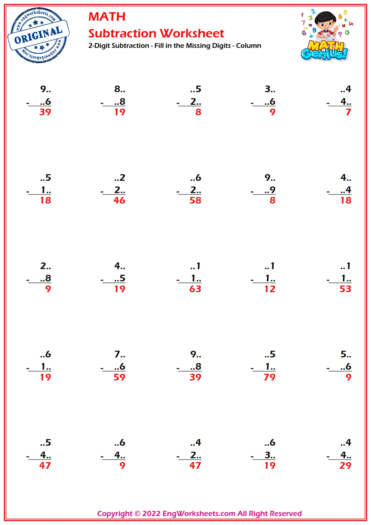2-Digit Subtraction - Fill in the Missing Digits - Column