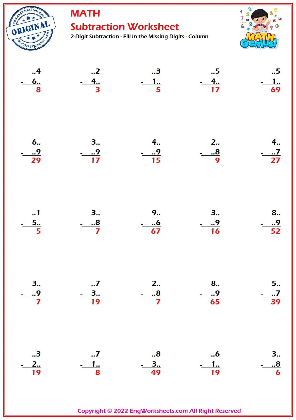2-Digit Subtraction - Fill in the Missing Digits - Column