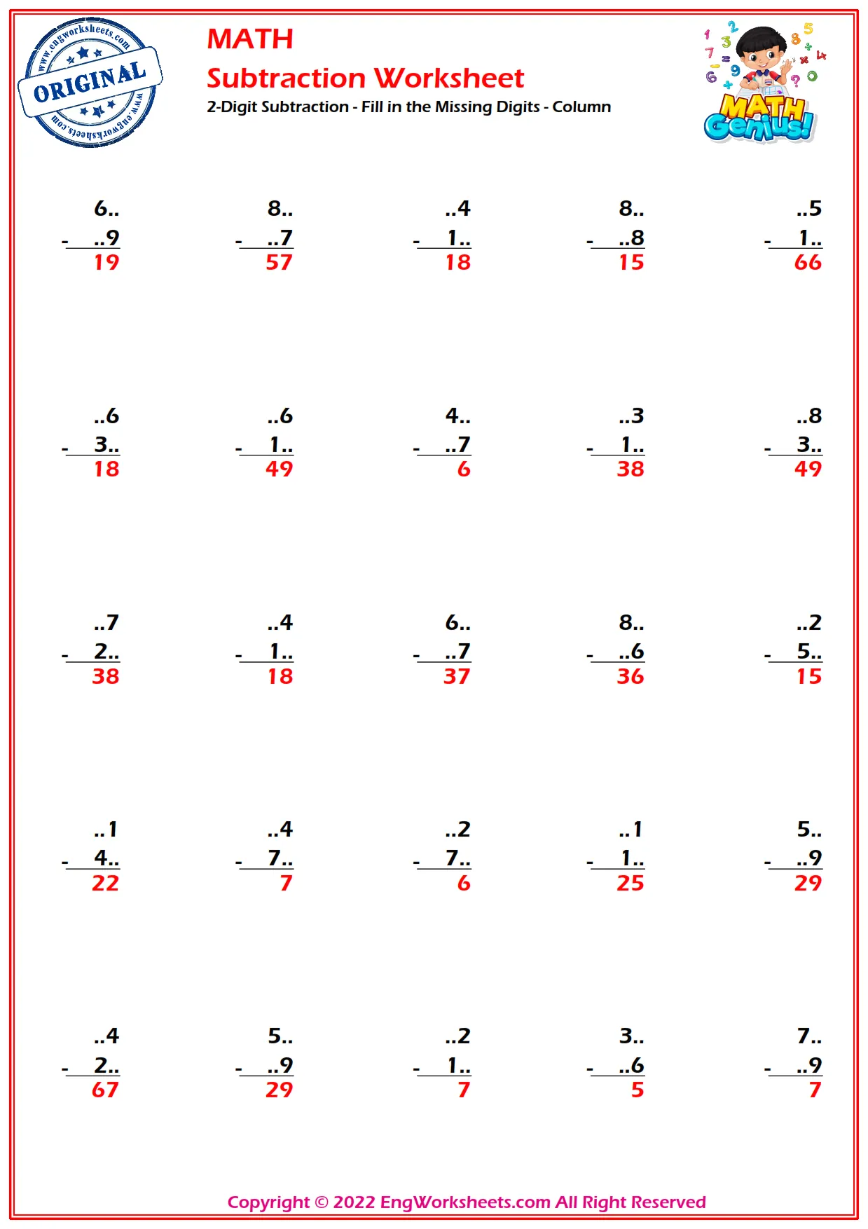 2-Digit Subtraction - Fill in the Missing Digits - Column