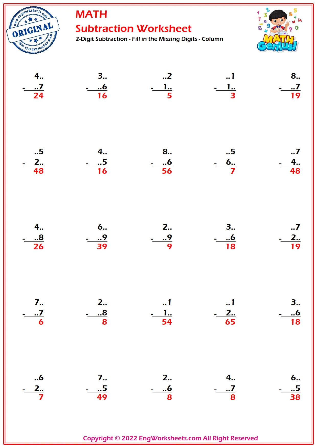 2-Digit Subtraction - Fill in the Missing Digits - Column
