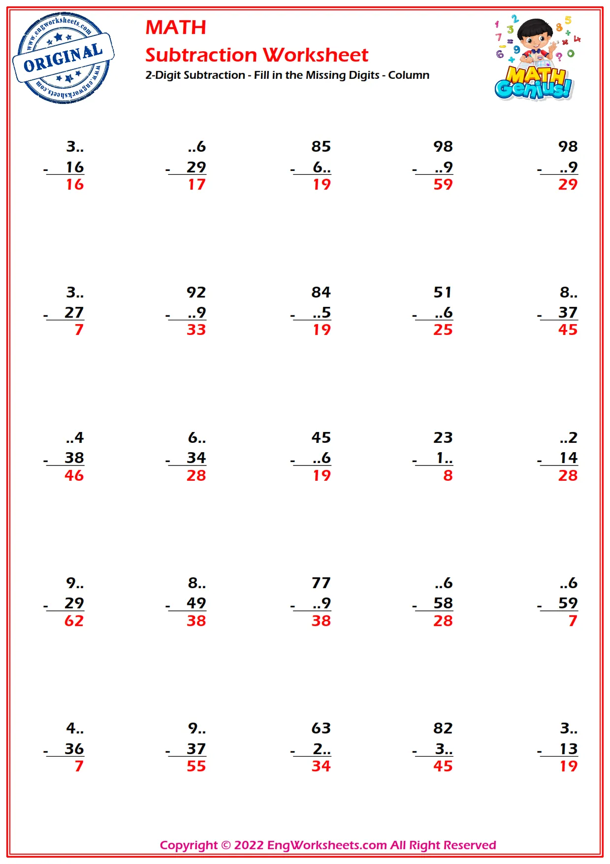 2-Digit Subtraction - Fill in the Missing Digits - Column