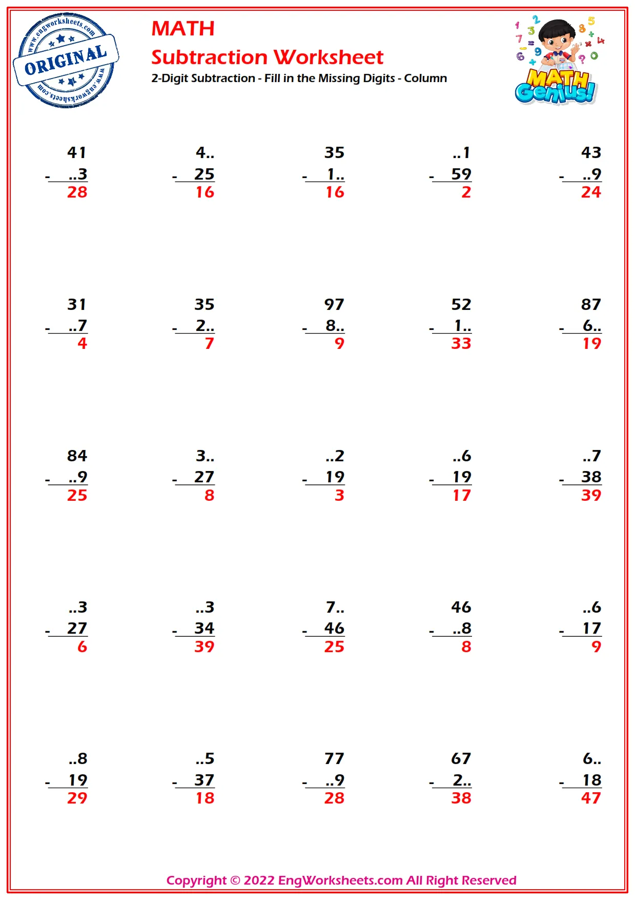 2-Digit Subtraction - Fill in the Missing Digits - Column