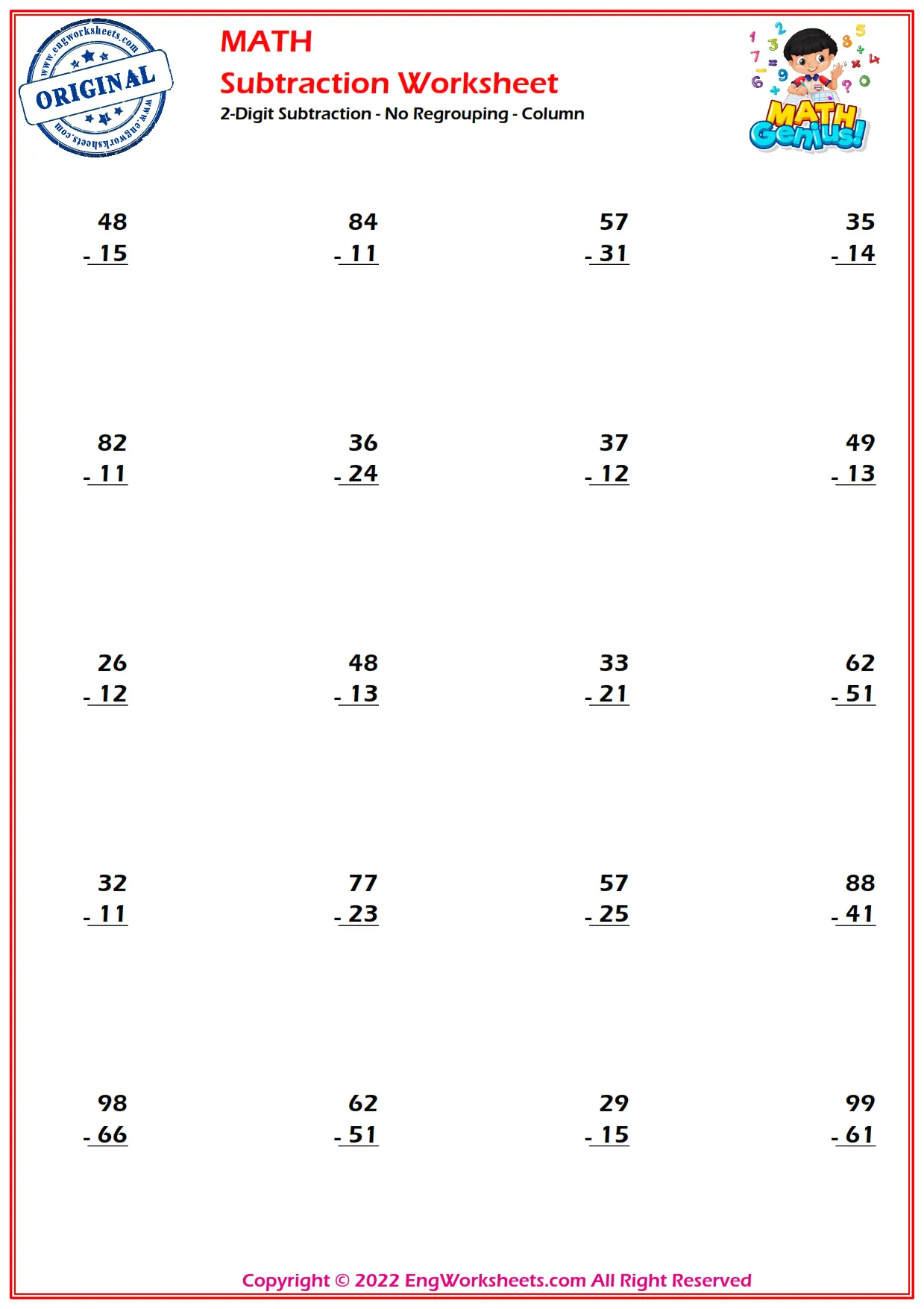 2-Digit Subtraction - No Regrouping - Column