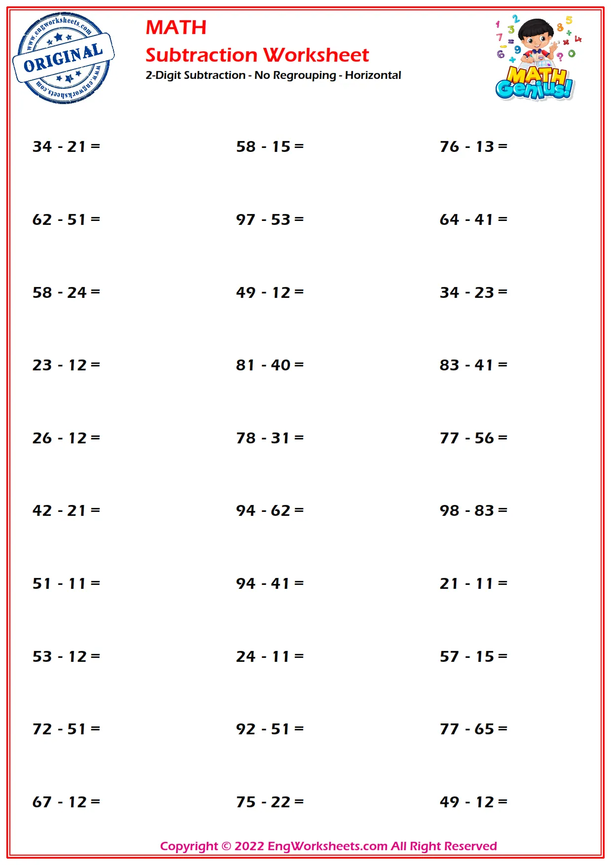 2-Digit Subtraction - No Regrouping - Horizontal