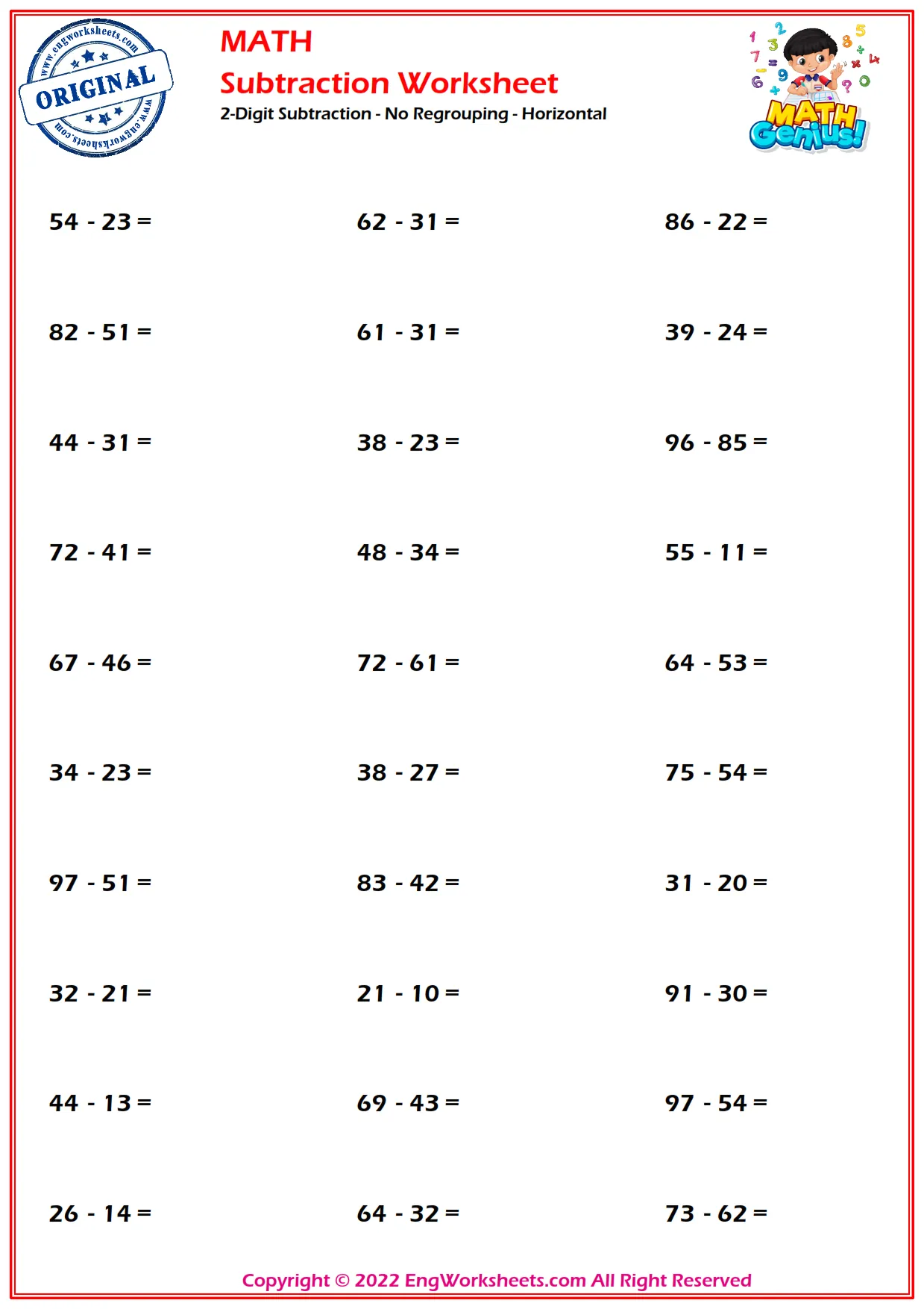2-Digit Subtraction - No Regrouping - Horizontal
