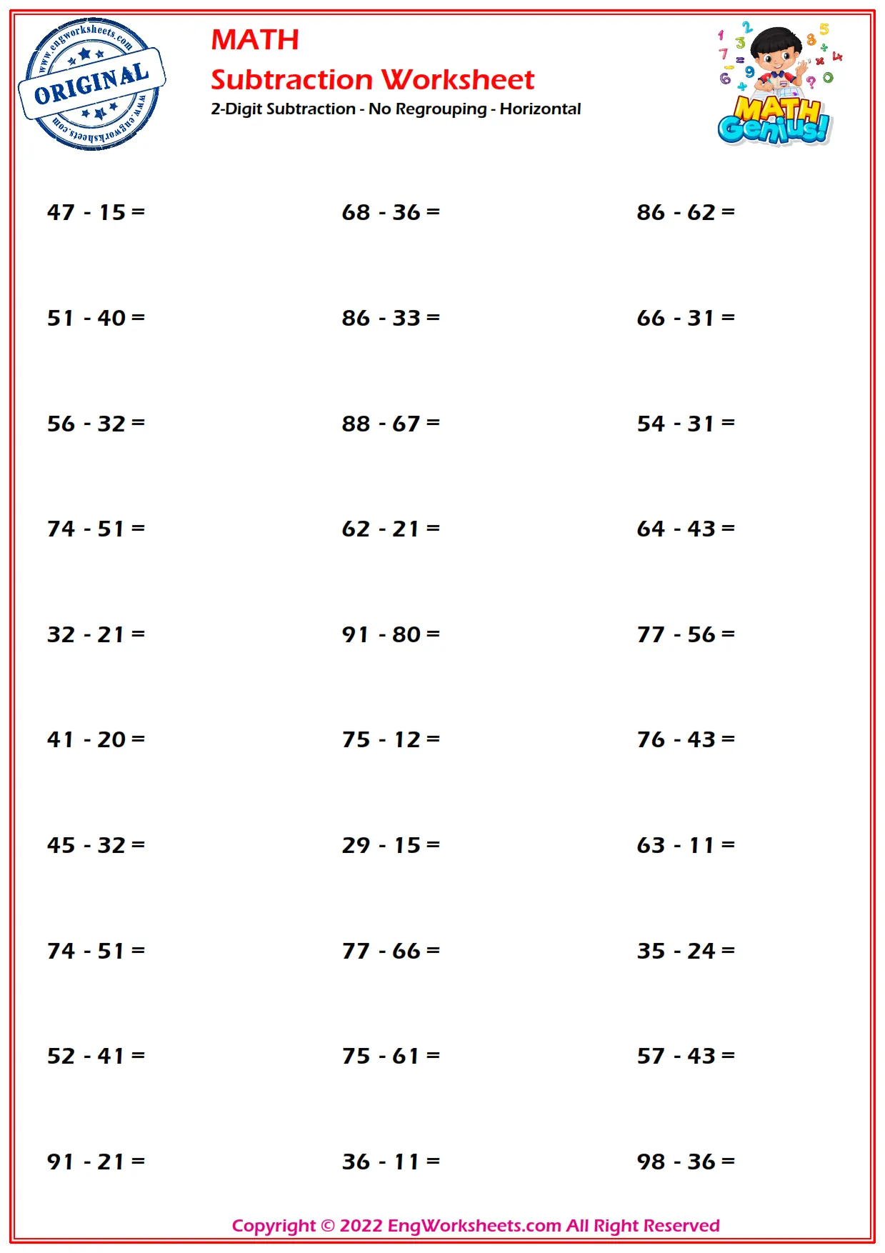 2-Digit Subtraction - No Regrouping - Horizontal
