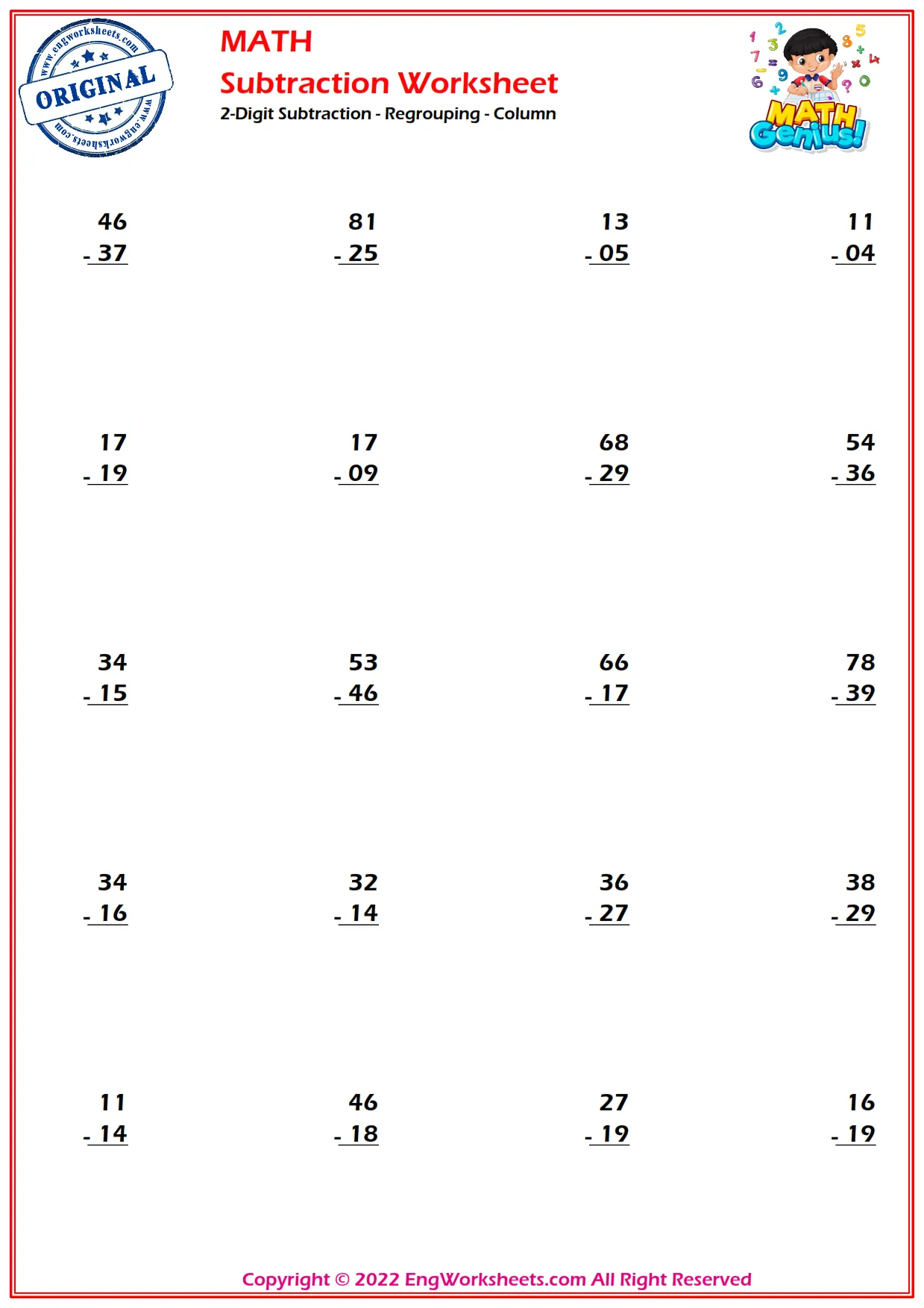 2-Digit Subtraction - Regrouping - Column