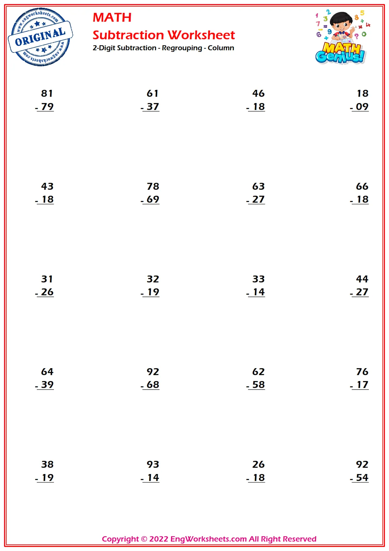 2-Digit Subtraction - Regrouping - Column
