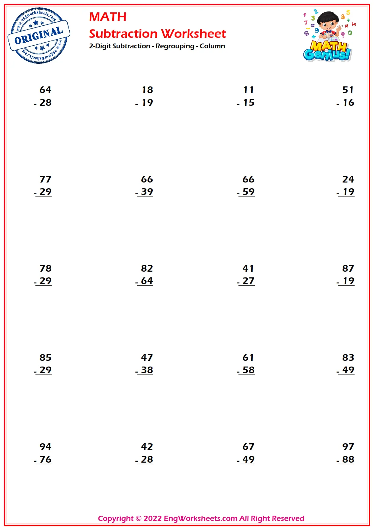 2-Digit Subtraction - Regrouping - Column