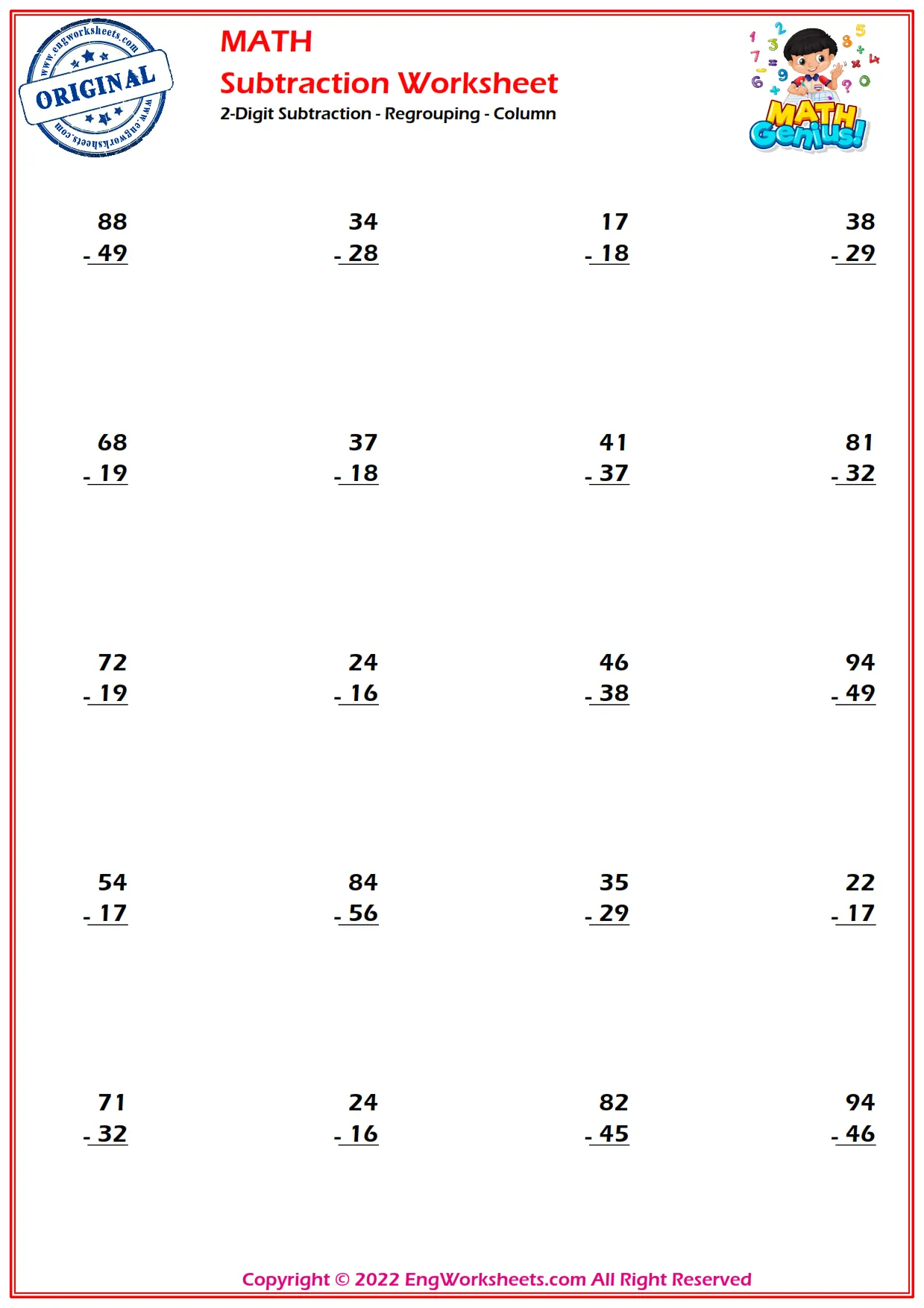 2-Digit Subtraction - Regrouping - Column