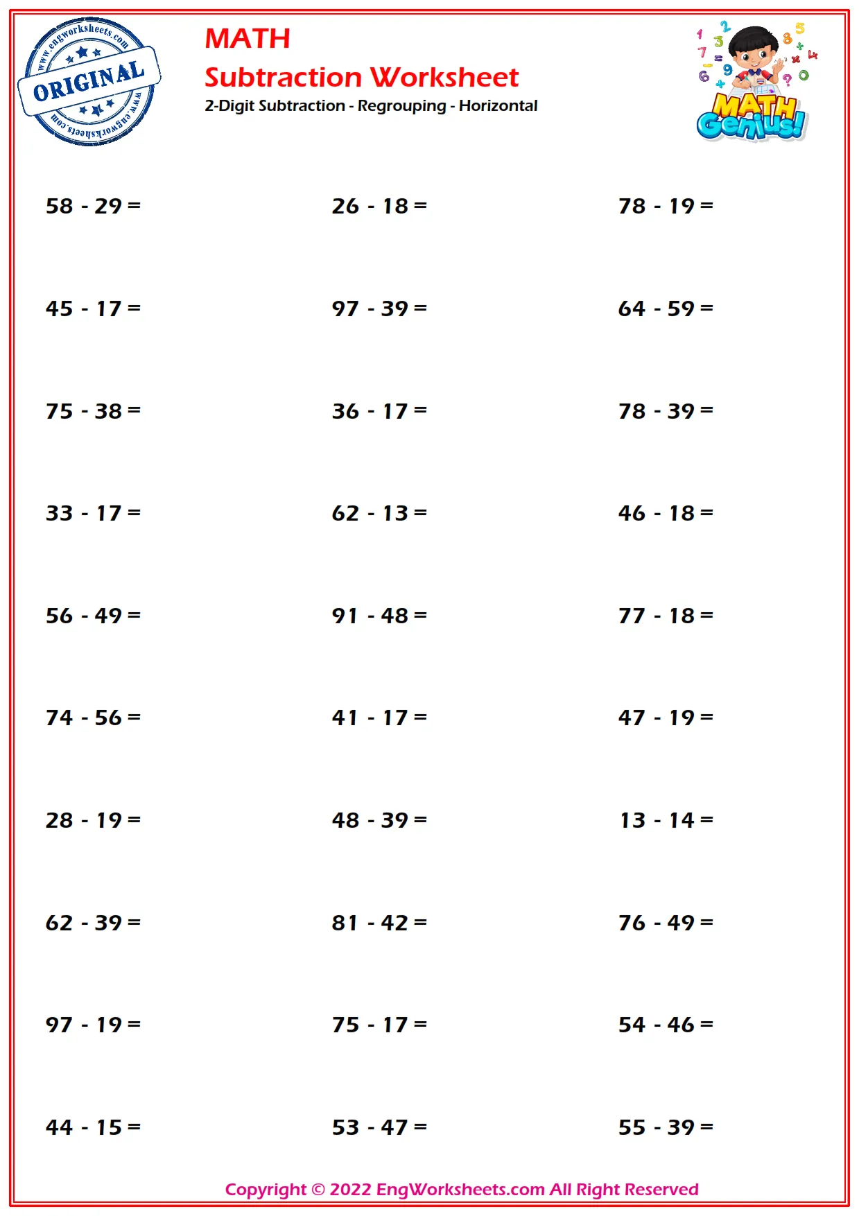 2-Digit Subtraction - Regrouping - Horizontal