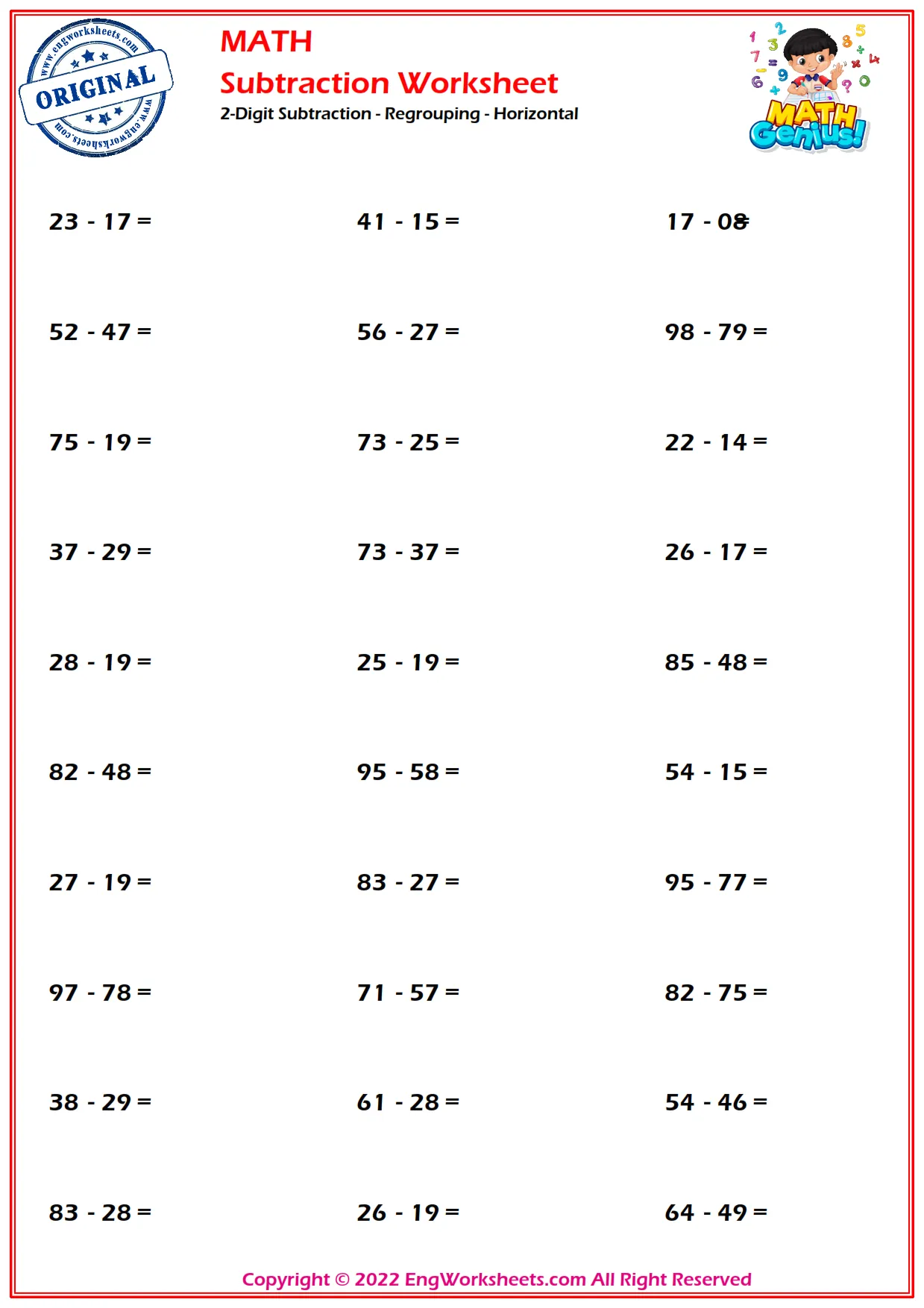 2 digit subtraction with regrouping horizontal