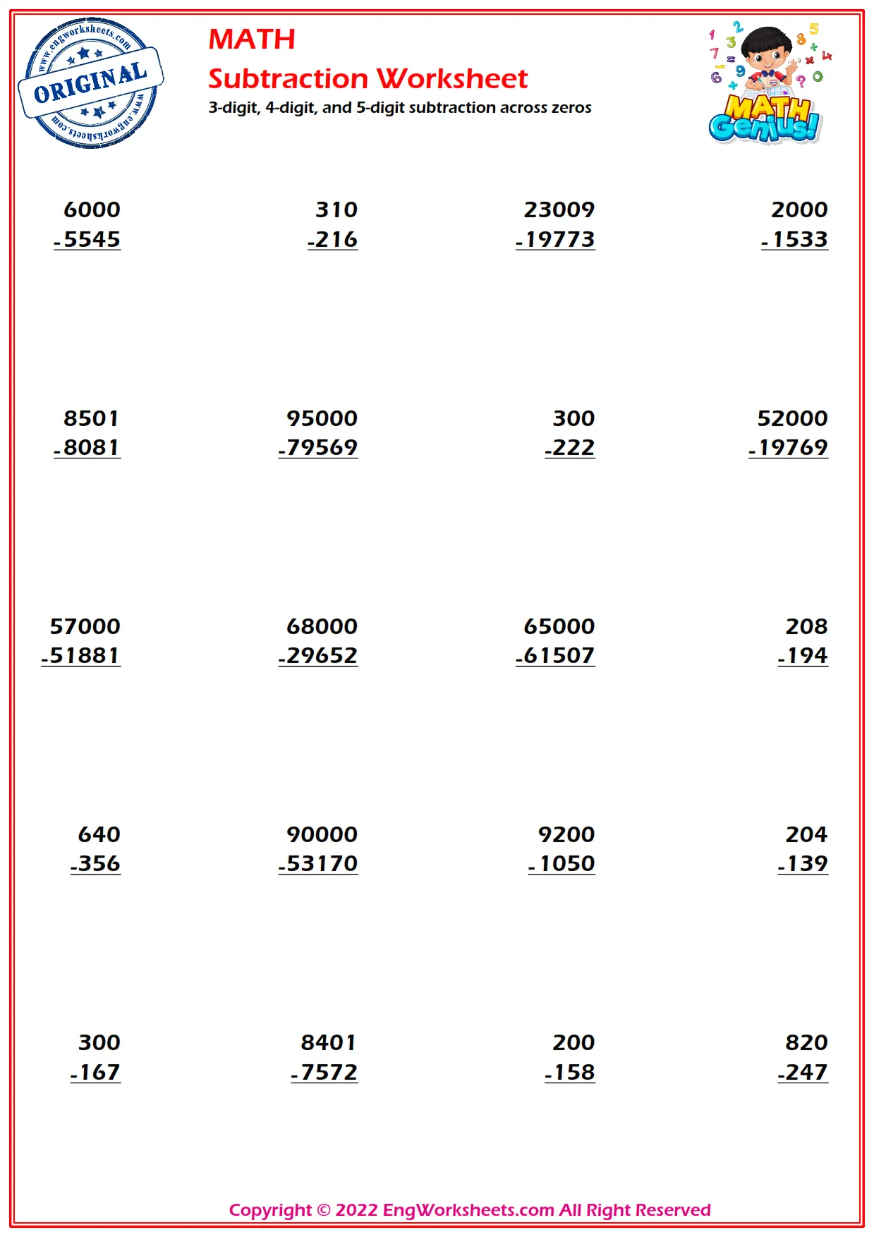 3-digit, 4-digit, and 5-digit subtraction across zeros