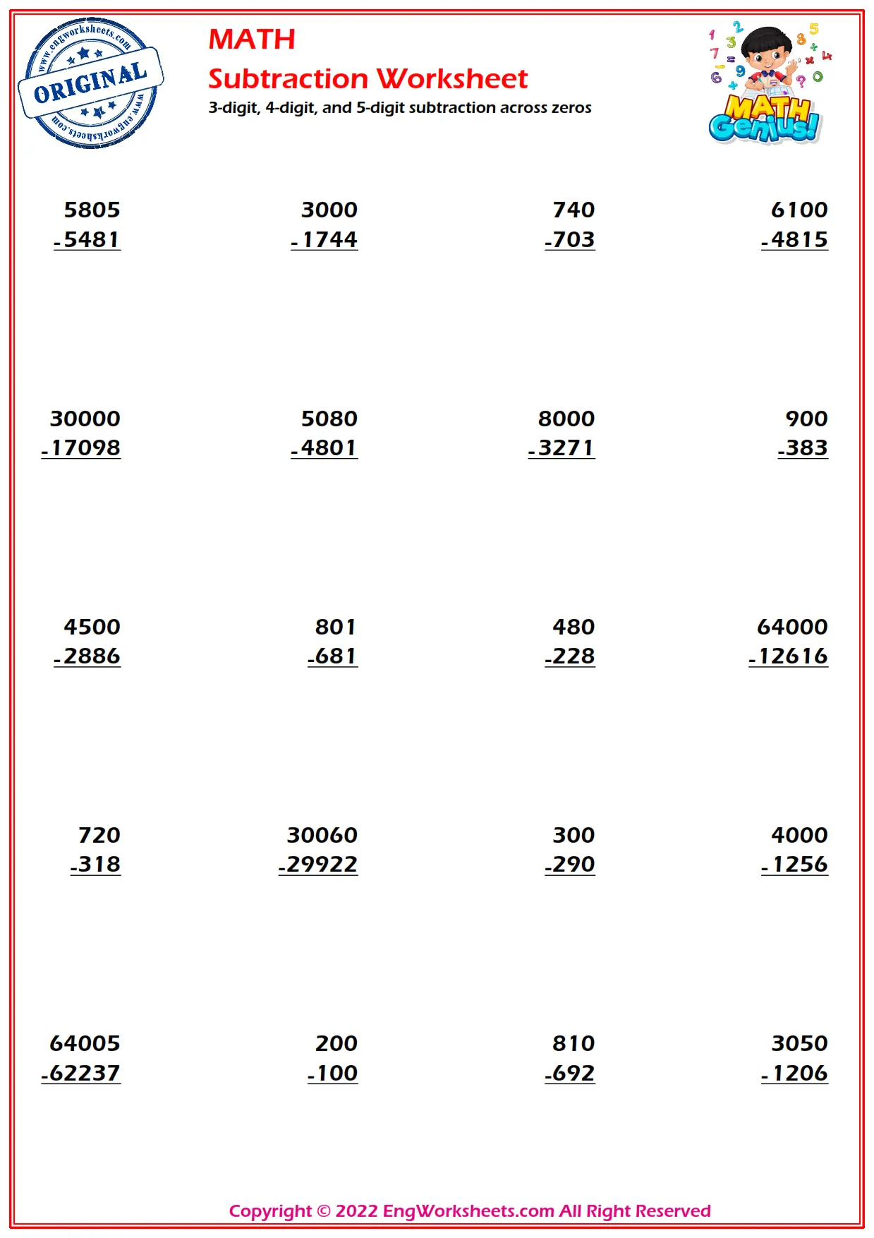 3-digit, 4-digit, and 5-digit subtraction across zeros