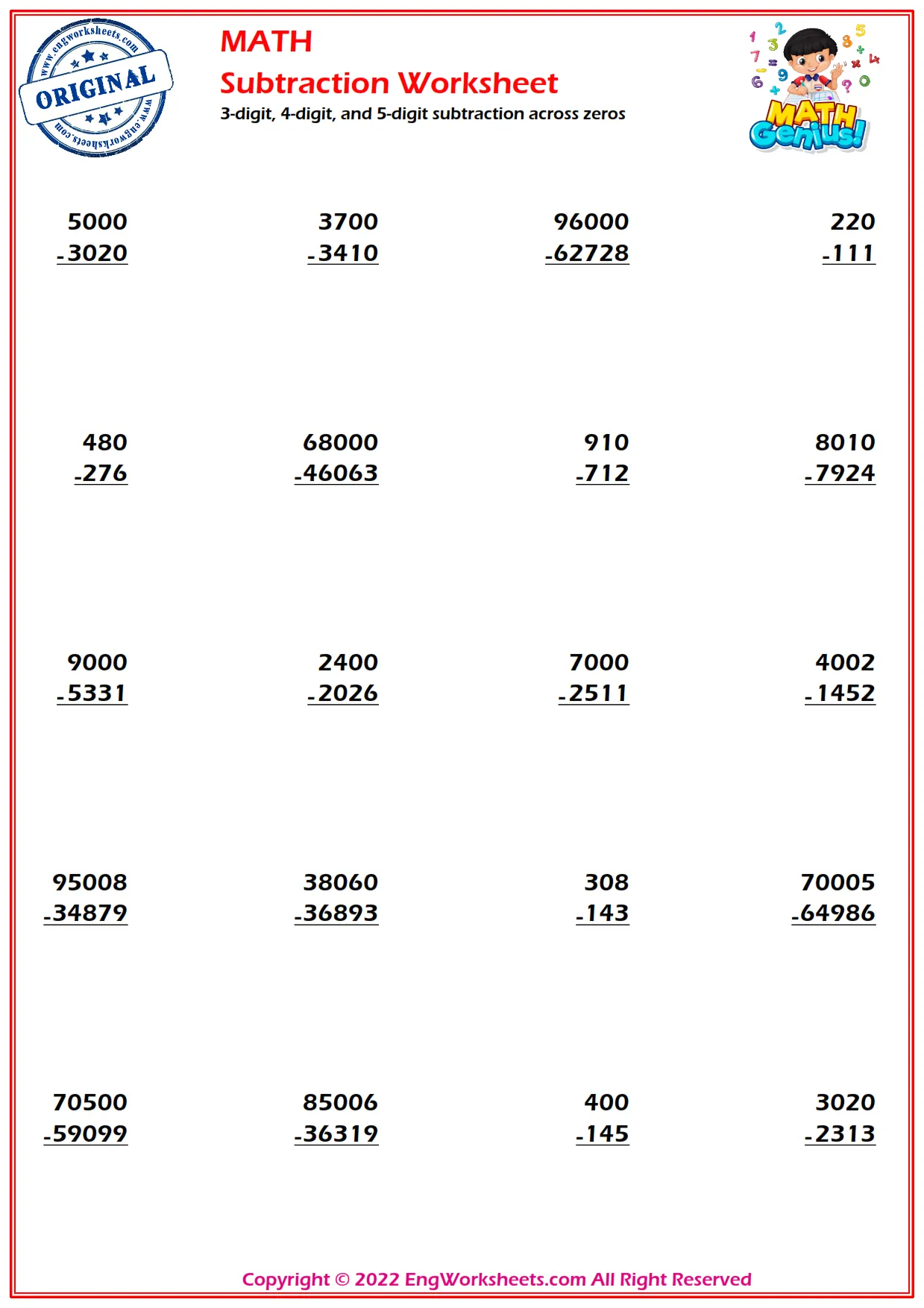 3-digit, 4-digit, and 5-digit subtraction across zeros