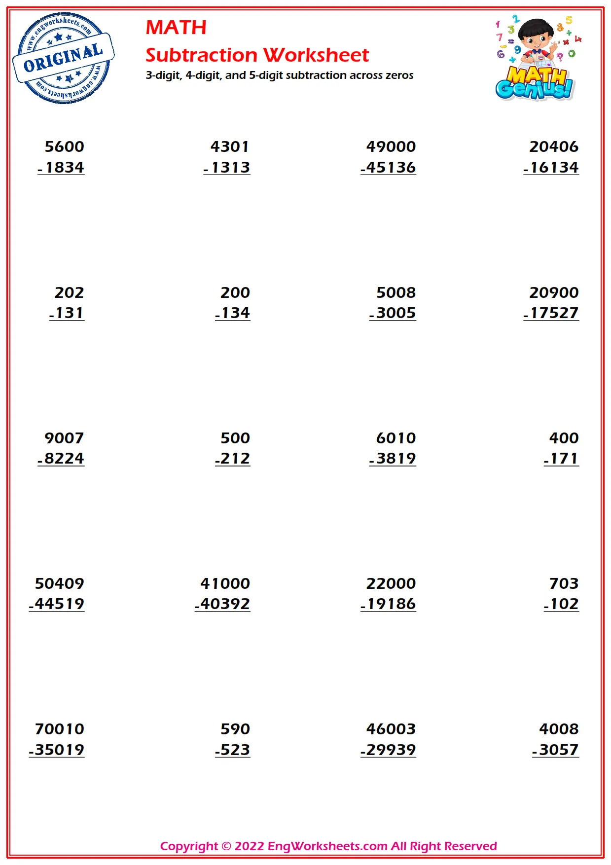 3-digit, 4-digit, and 5-digit subtraction across zeros