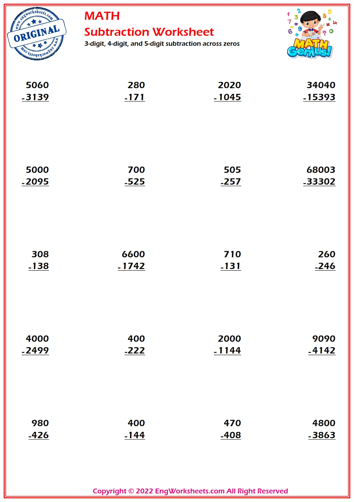 3-digit, 4-digit, and 5-digit subtraction across zeros