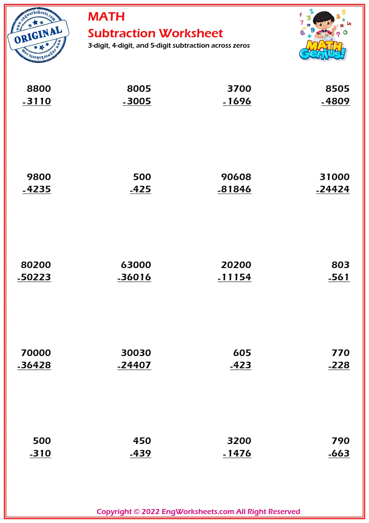 3-digit, 4-digit, and 5-digit subtraction across zeros
