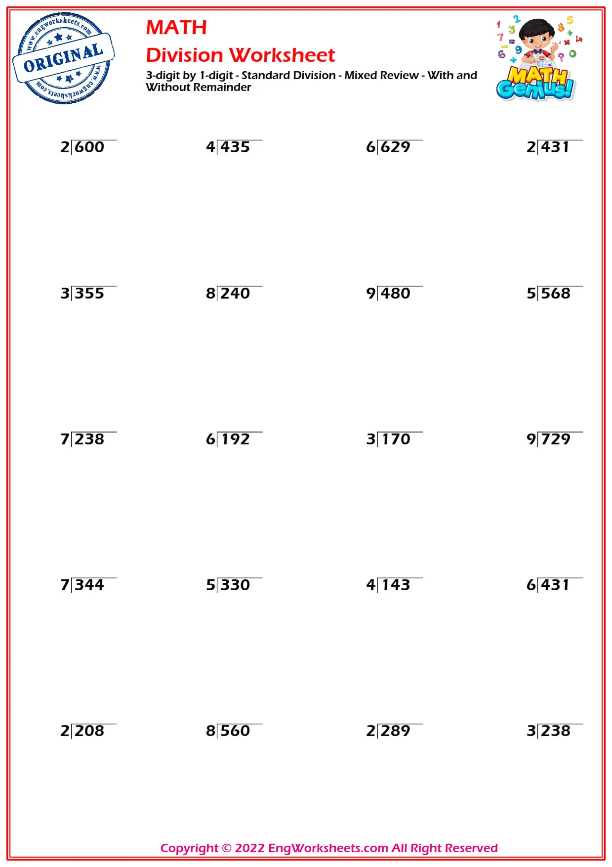 3-digit by 1-digit - Standard Division - Mixed Review - With and Without Remainder