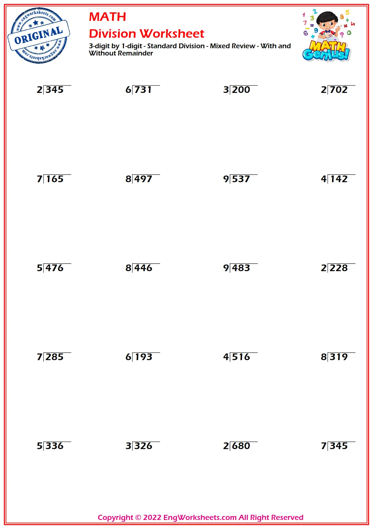 3-digit by 1-digit - Standard Division - Mixed Review - With and Without Remainder