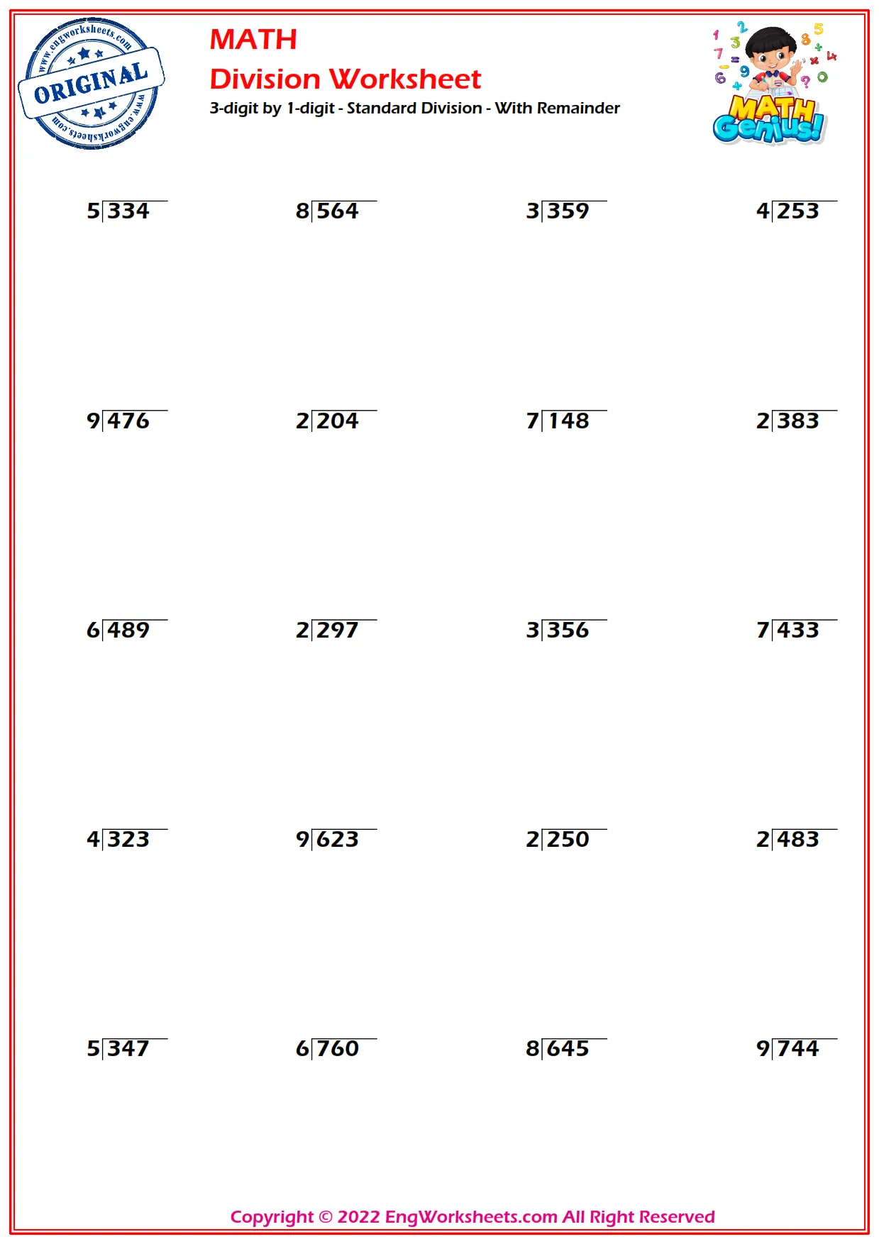 3-digit by 1-digit - Standard Division - With Remainder