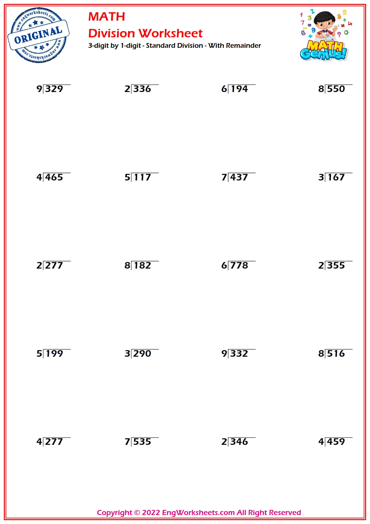 3-digit by 1-digit - Standard Division - With Remainder