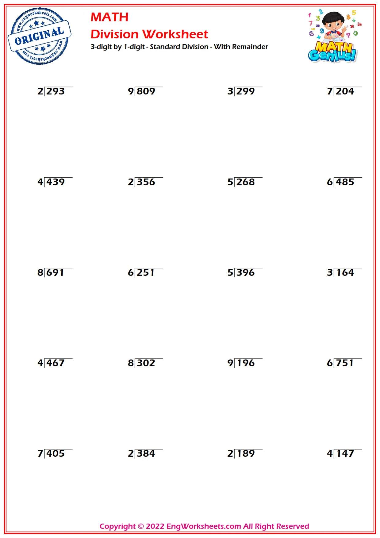 3-digit by 1-digit - Standard Division - With Remainder