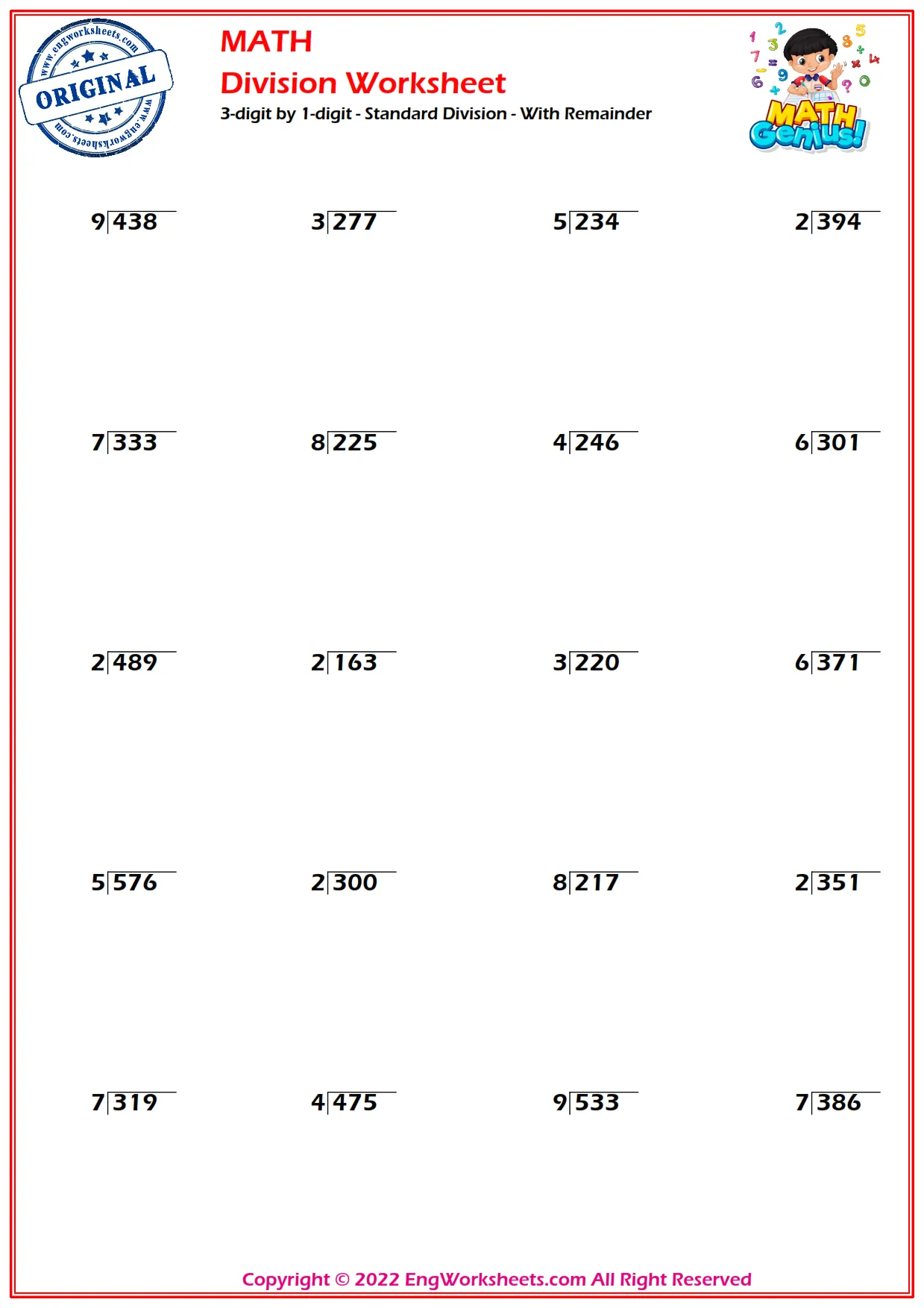 3-digit by 1-digit - Standard Division - With Remainder