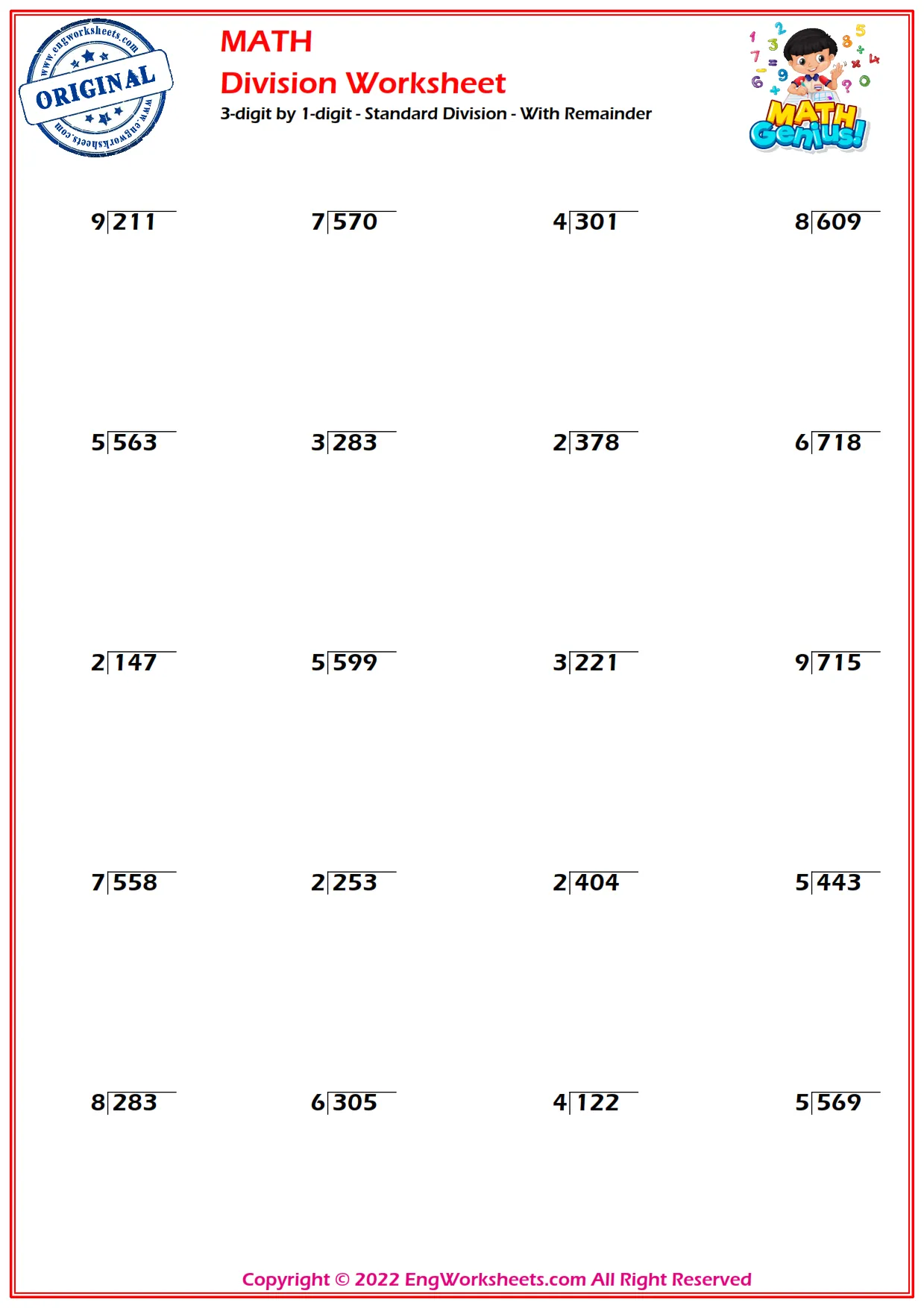 3-digit by 1-digit - Standard Division - With Remainder