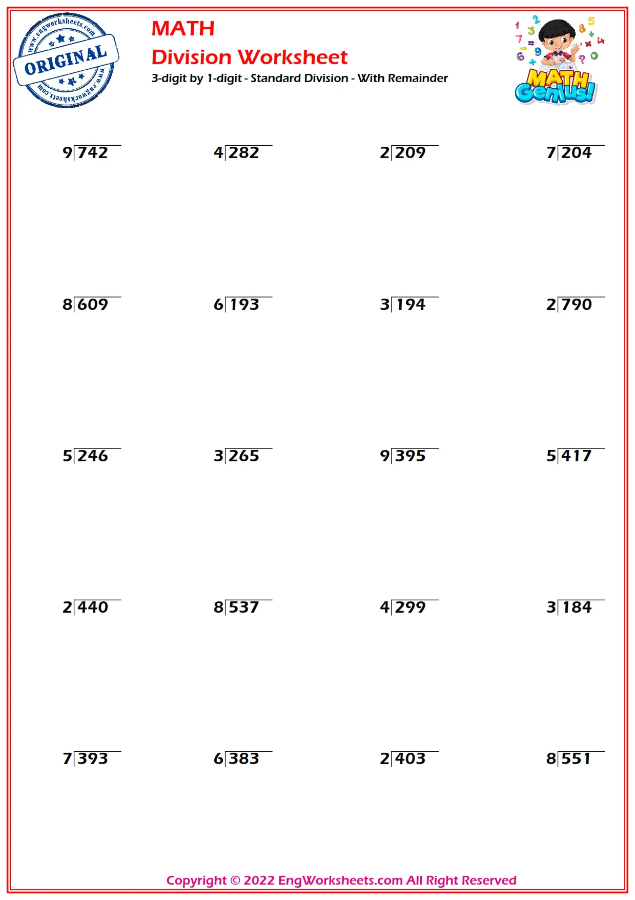 3-digit by 1-digit - Standard Division - With Remainder