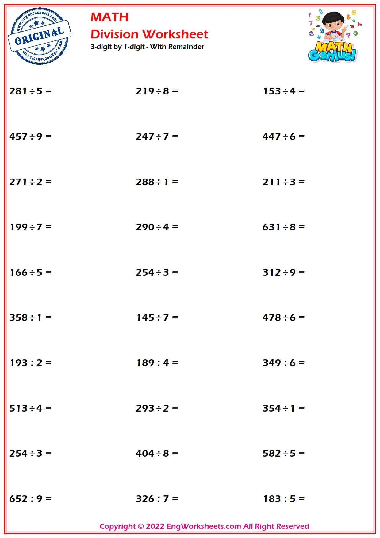 3-digit by 1-digit - With Remainder