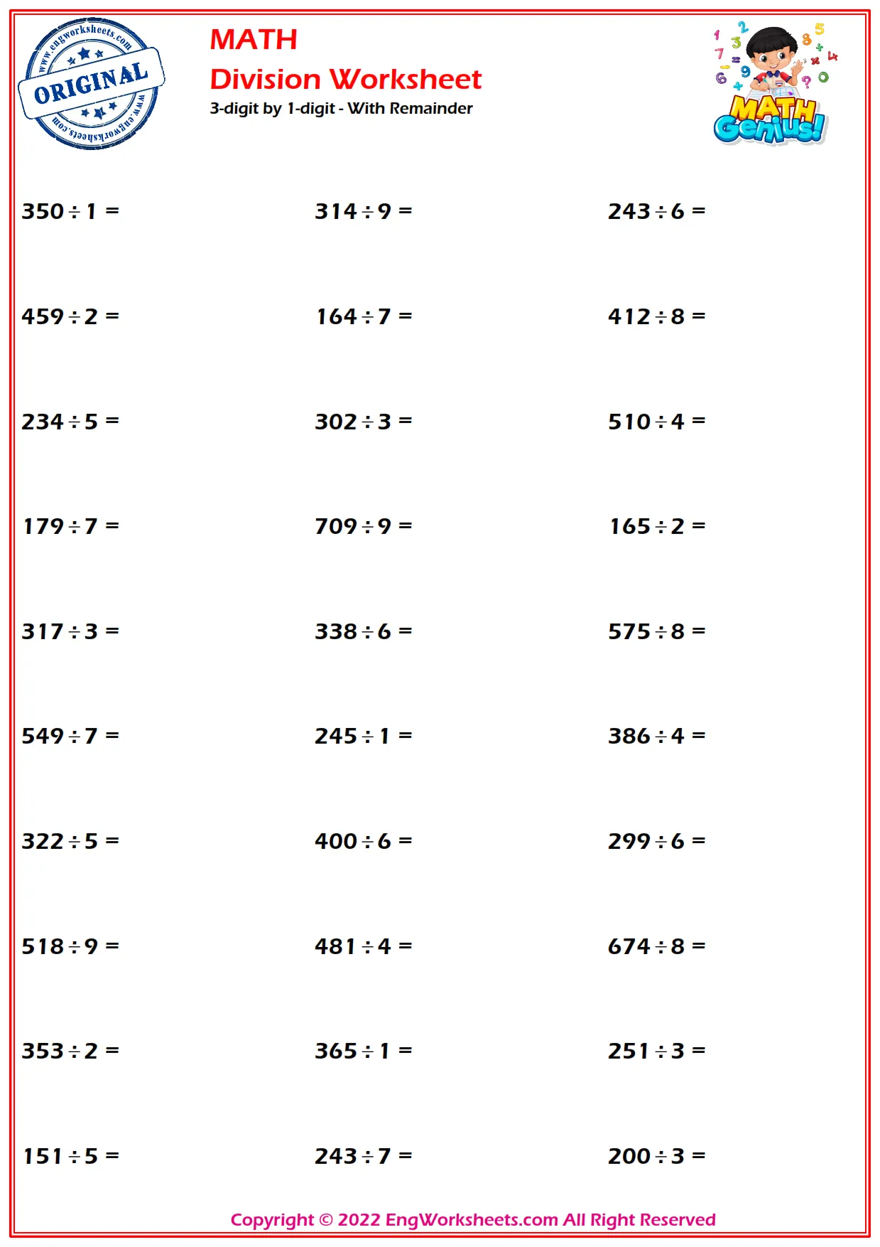 3-digit by 1-digit - With Remainder