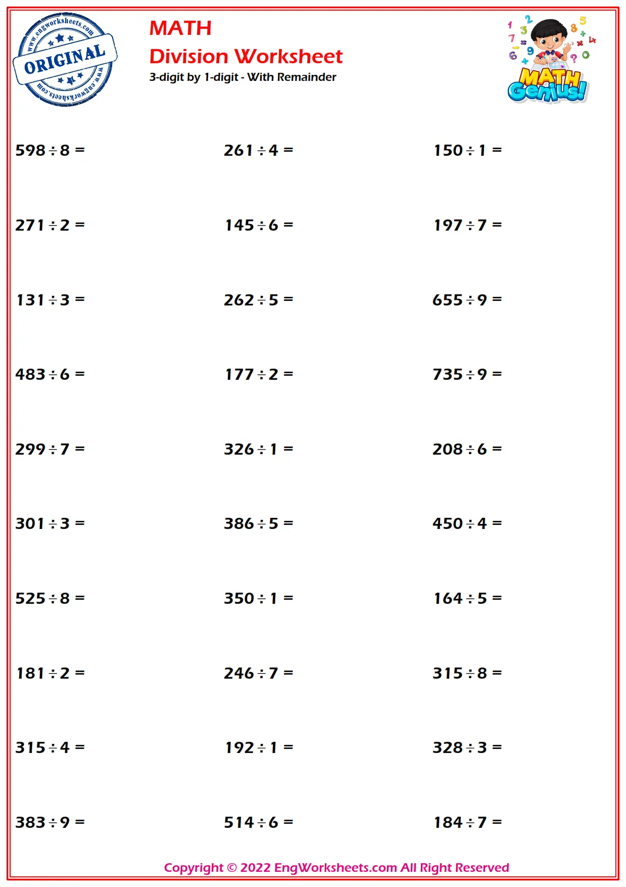 3-digit by 1-digit - With Remainder