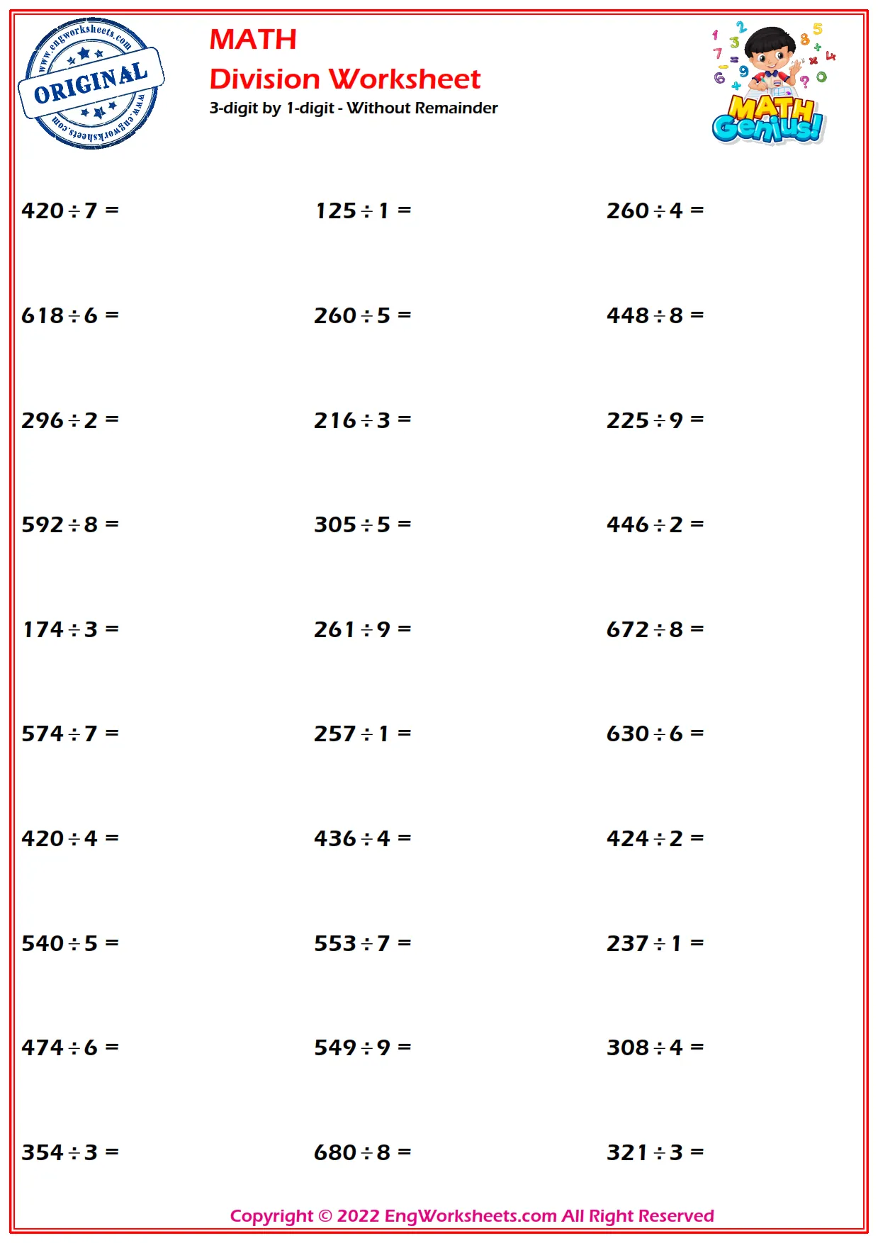3-digit by 1-digit - Without Remainder