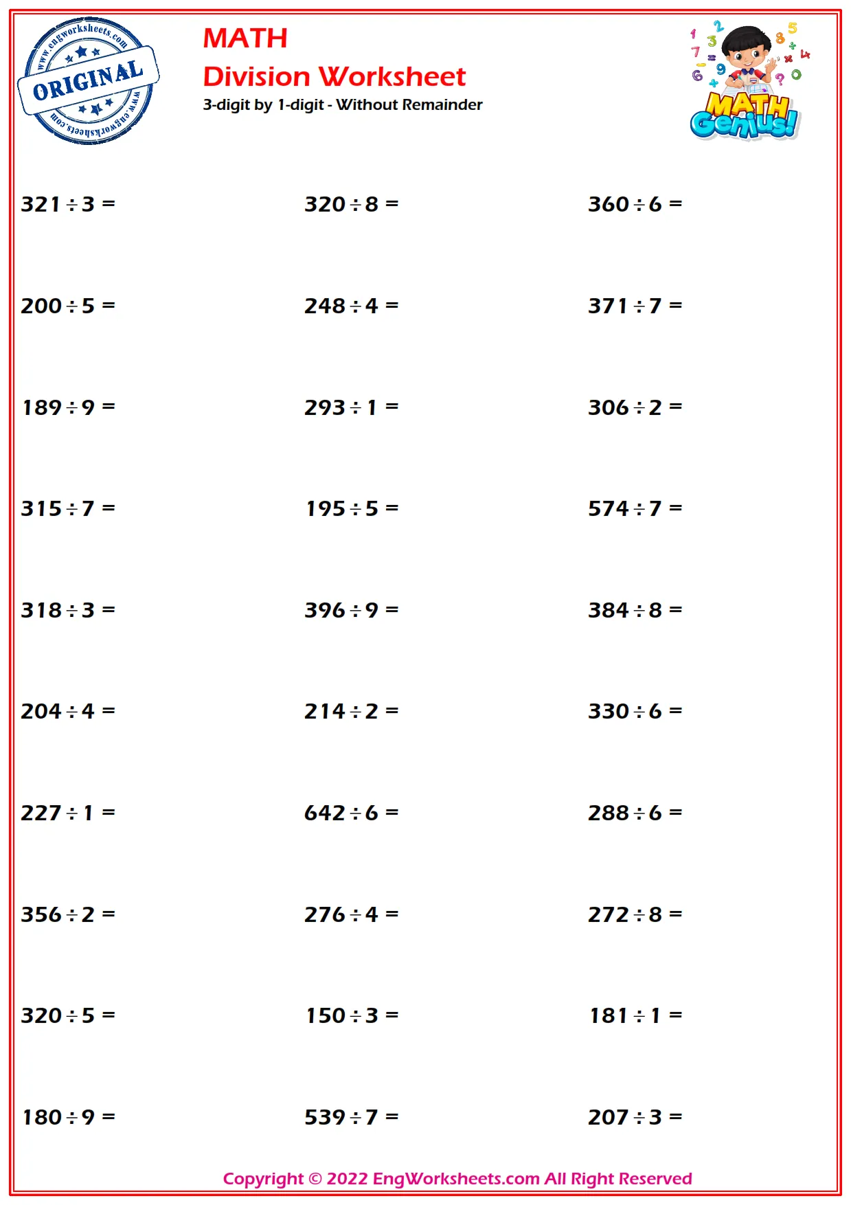 3-digit by 1-digit - Without Remainder