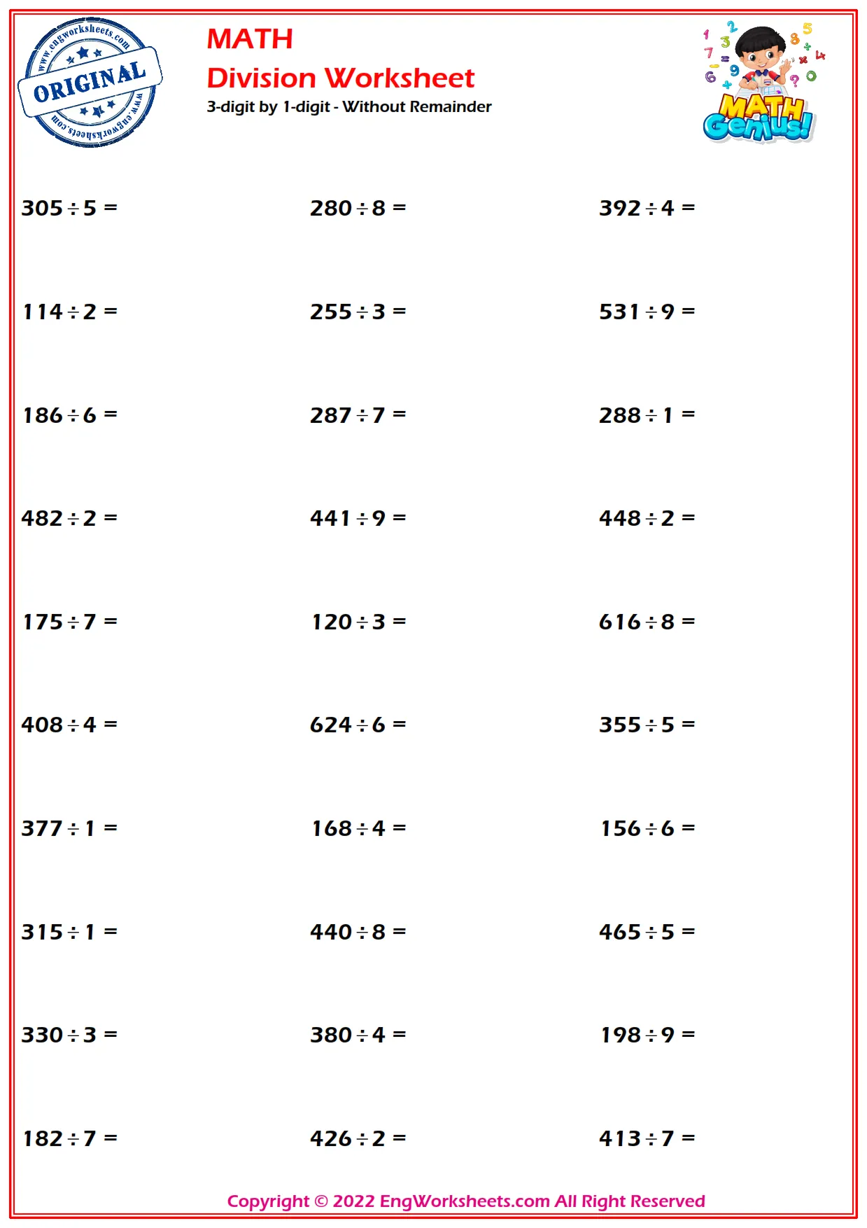 3-digit by 1-digit - Without Remainder