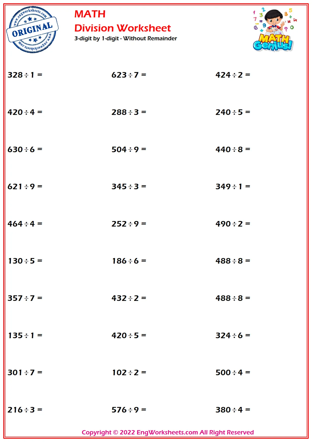 3-digit by 1-digit - Without Remainder