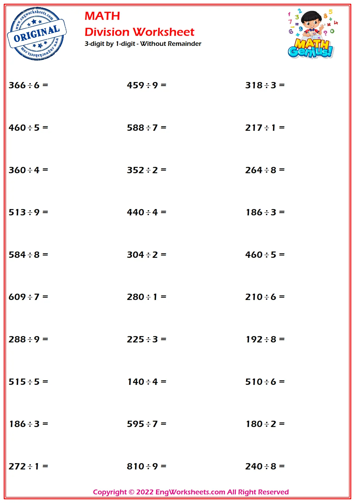 3-digit by 1-digit - Without Remainder