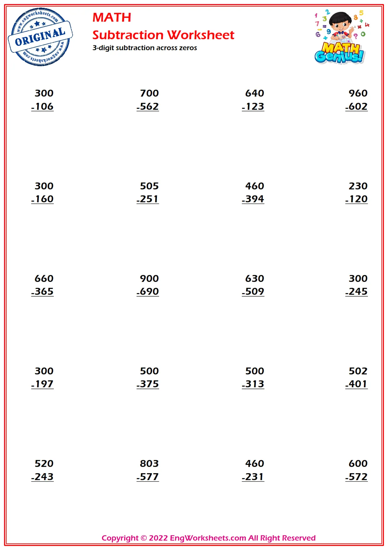 3-digit subtraction across zeros