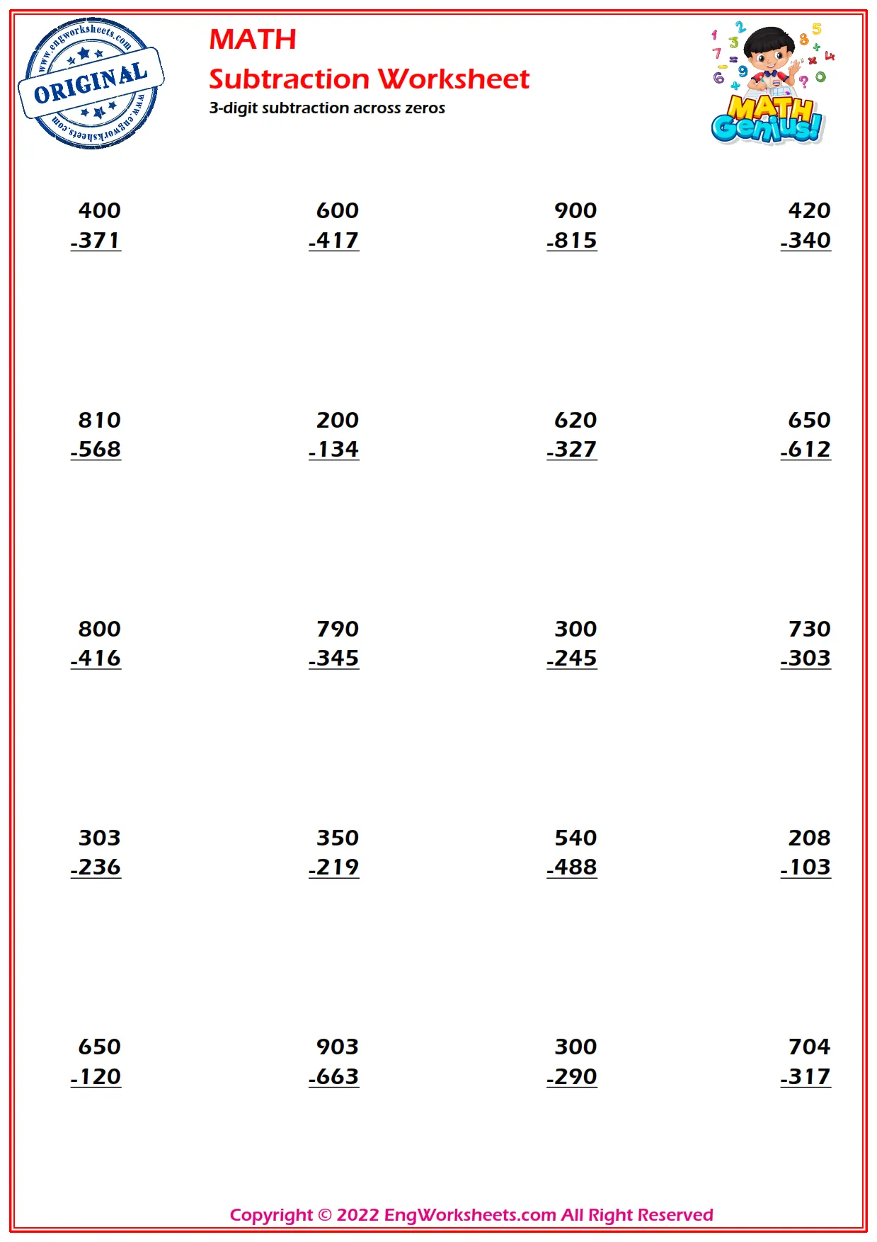 3-digit subtraction across zeros