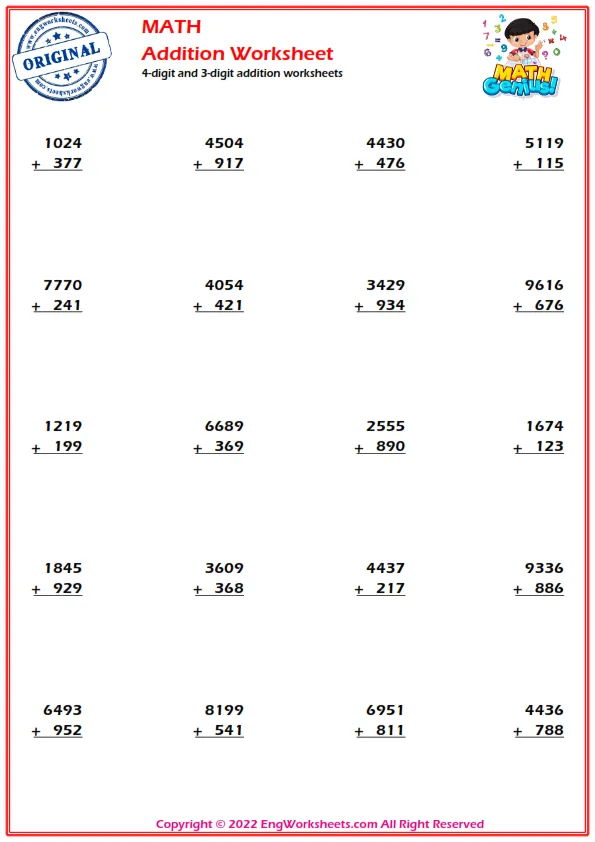 4-digit and 3-digit addition worksheets