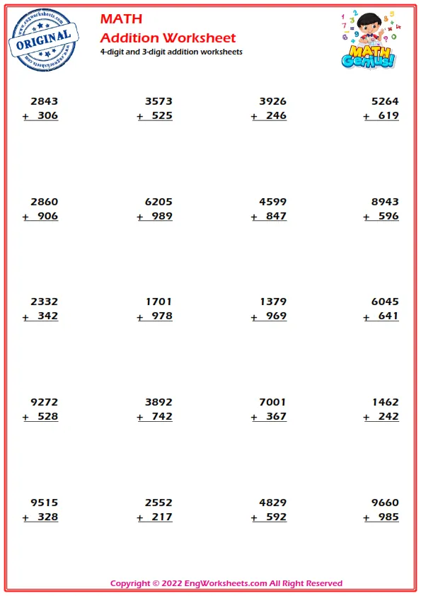 4-digit and 3-digit addition worksheets