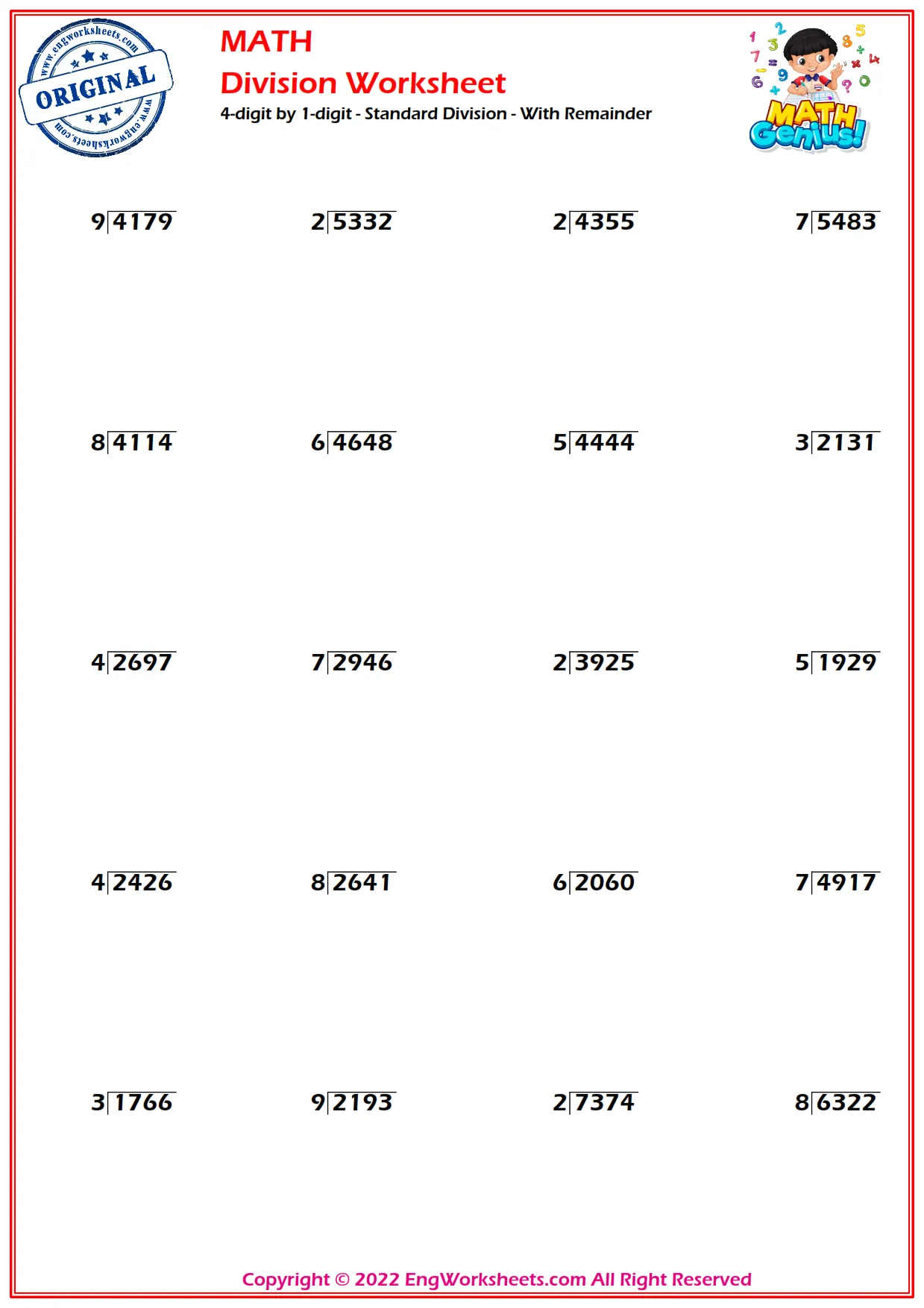 4-digit by 1-digit - Standard Division - With Remainder
