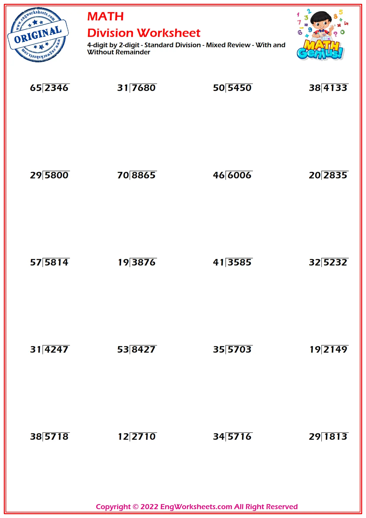 4-digit by 2-digit - Standard Division - Mixed Review - With and Without Remainder