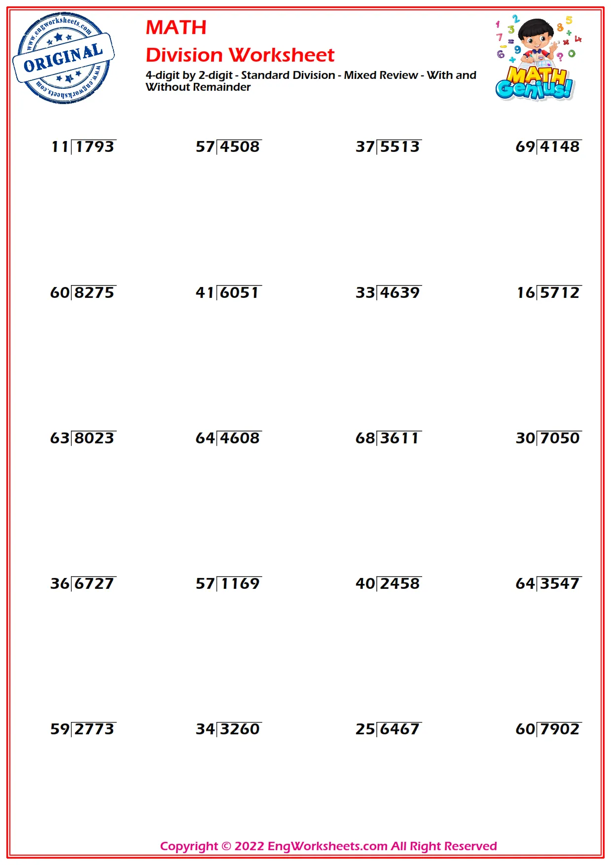 4-digit by 2-digit - Standard Division - Mixed Review - With and Without Remainder