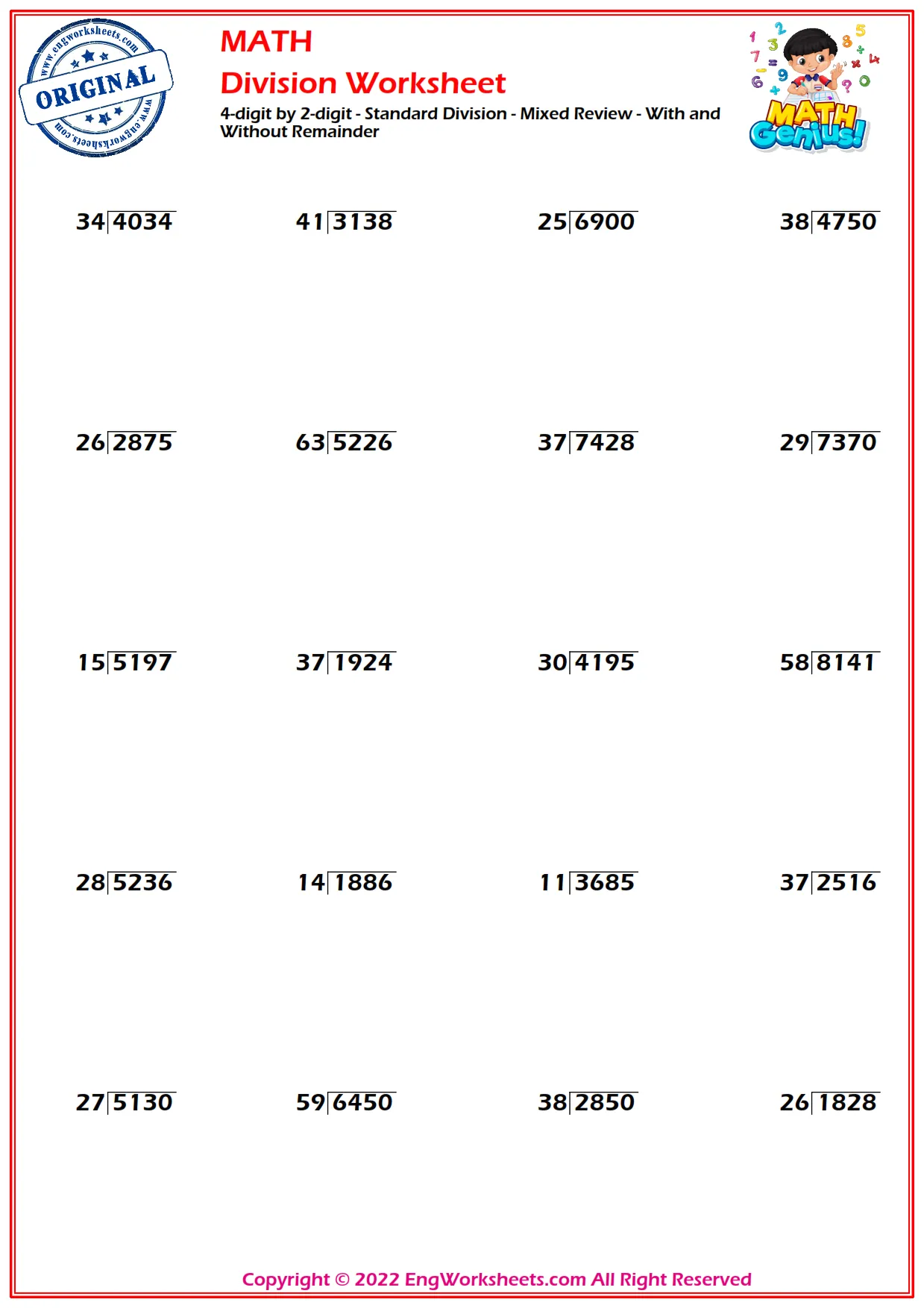 4-digit by 2-digit - Standard Division - Mixed Review - With and Without Remainder