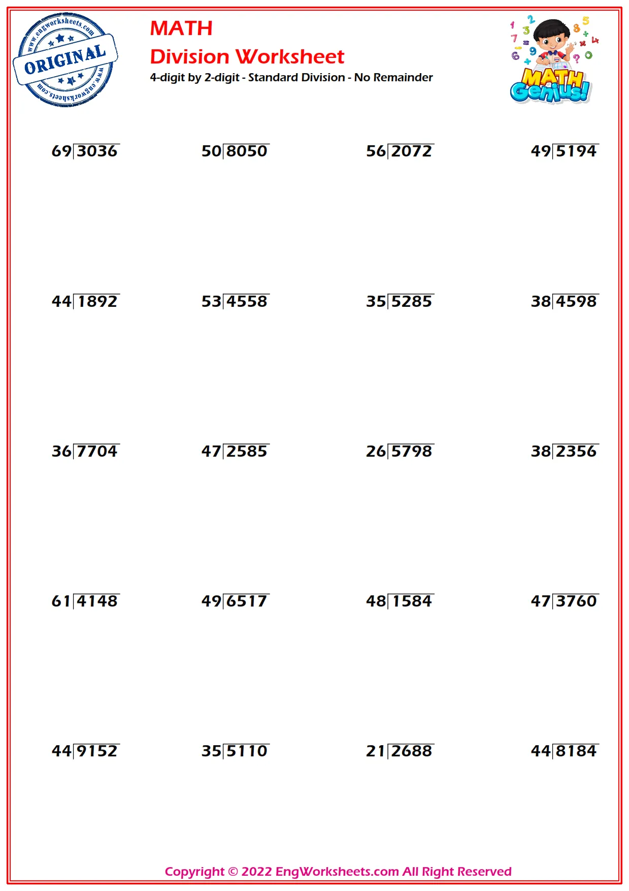 4-digit by 2-digit - Standard Division - No Remainder