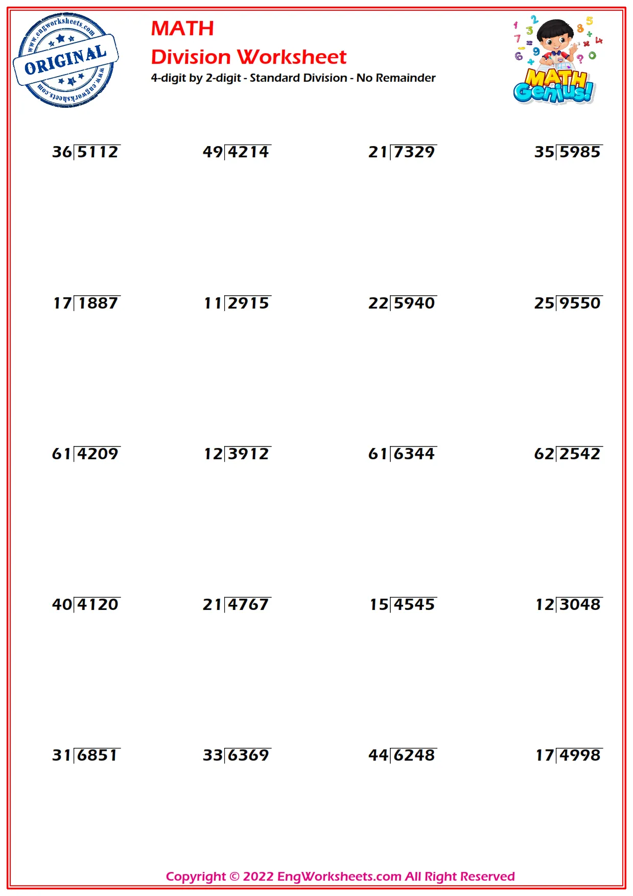 4-digit by 2-digit - Standard Division - No Remainder