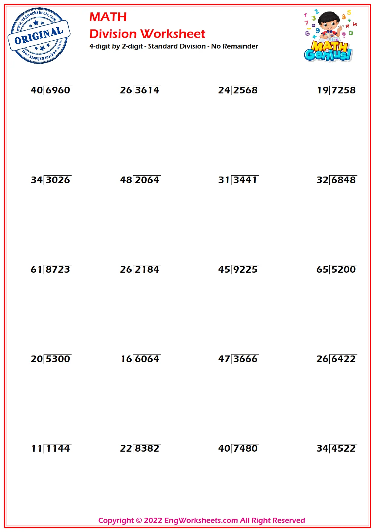 4-digit by 2-digit - Standard Division - No Remainder