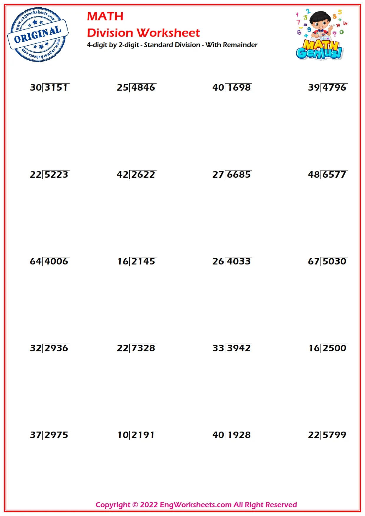 4-digit by 2-digit - Standard Division - With Remainder